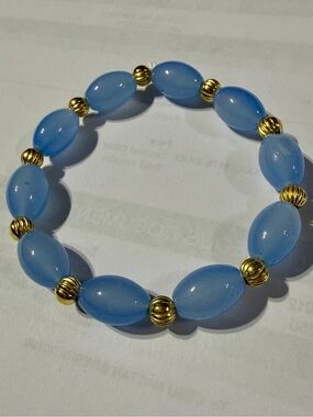 Blue Beaded Stretch Bracelet with Gold Accents
